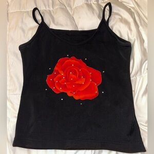 Vintage 80s Black Top with Red Rose Design and Sparkles Women’s Small